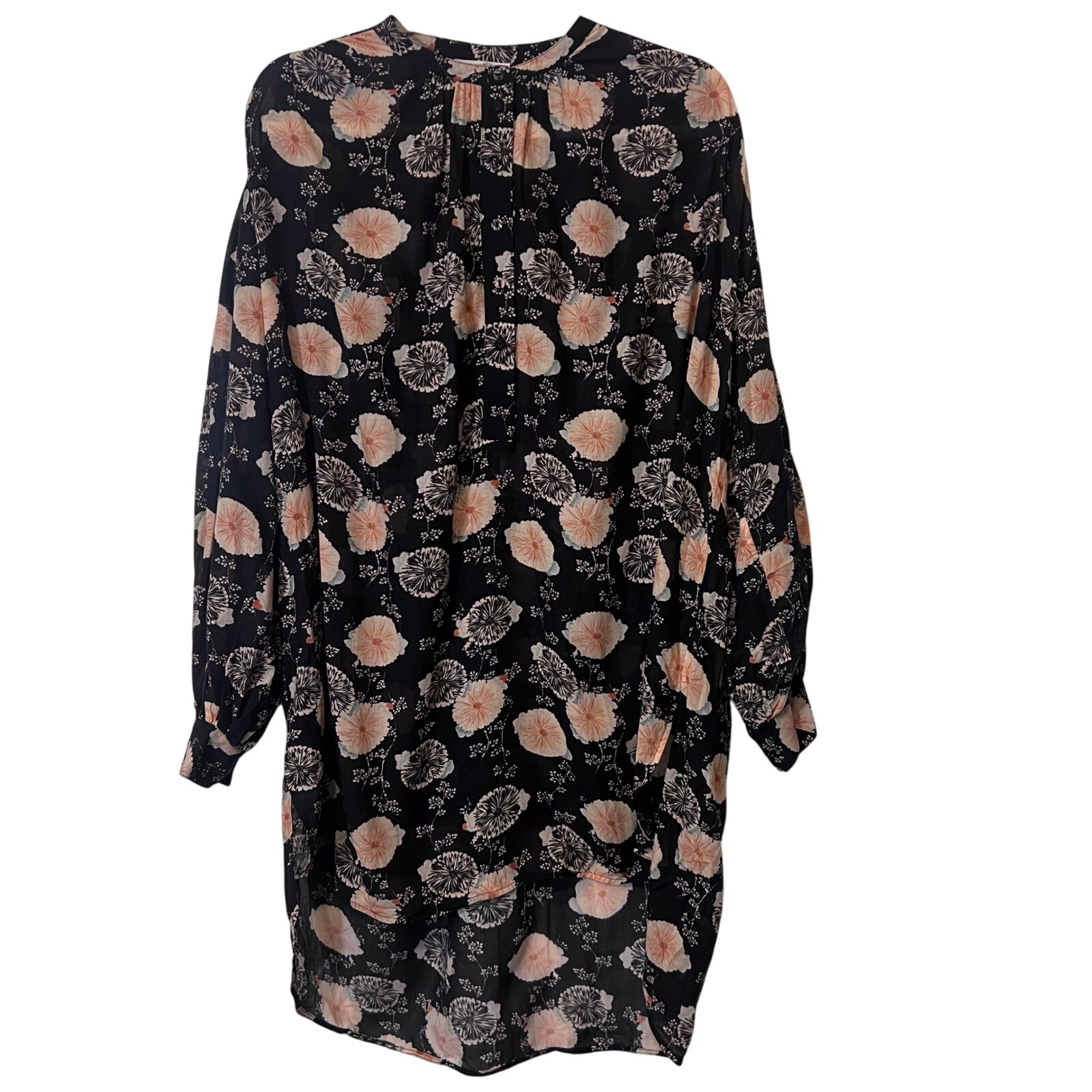 Ulla Johnson Noir Floral Print Button Up Long Sleeve Tunic Blouse, Size Small